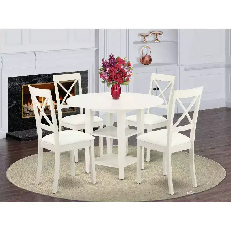 Antique Dinette Set 5 Piece Table & Chairs Linen White Faux Leather Seats Home Kitchen Furniture