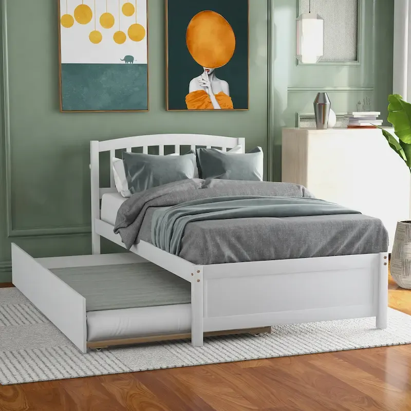 Twin Pine Platform Bed with Trundle & Slat Headboard