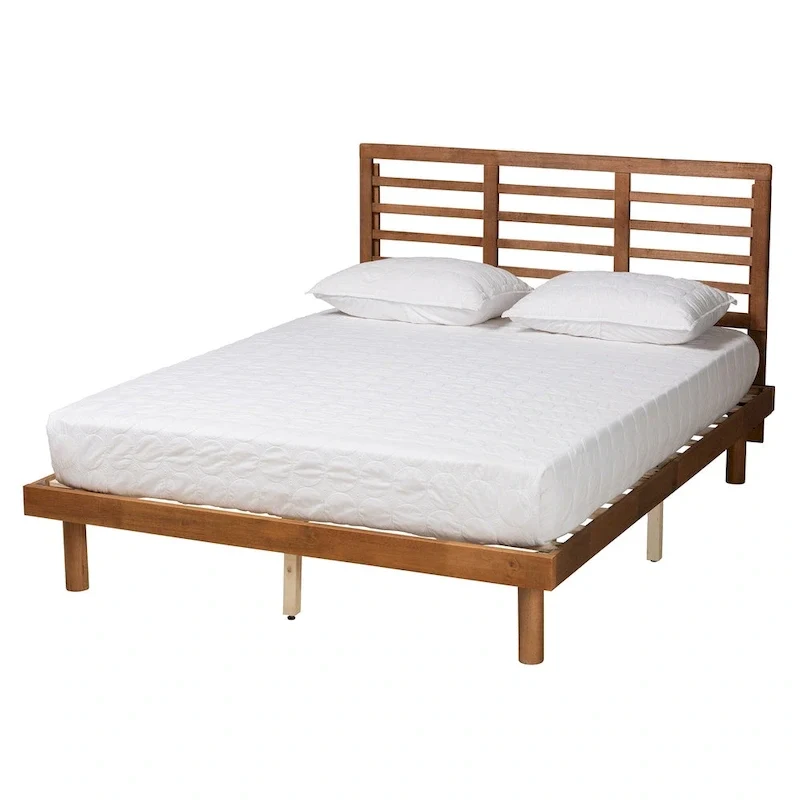 Ash Walnut Mid-Century Slatted Headboard Low Platform Bed �?Full / Queen / King