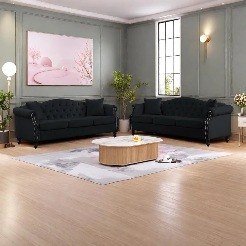 2-Pieces 6-Seat Velvet Chesterfield Sofa Set (Two 3-Seaters) with Tufted Back & Nailhead Trim