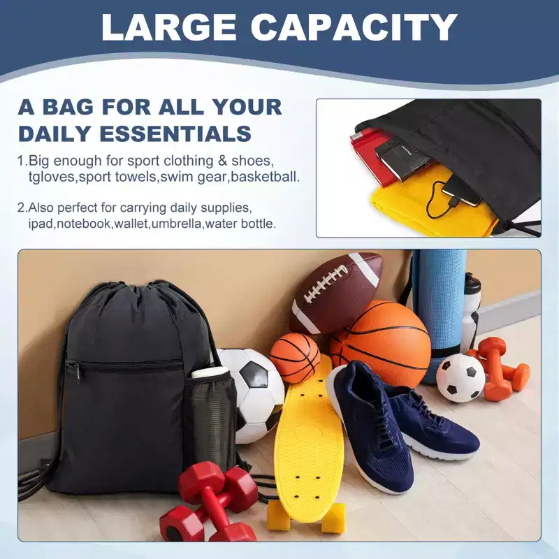 Narwey Men & Women Outdoor Sport Gym Sack Waterproof Drawstring Backpack Bag -black