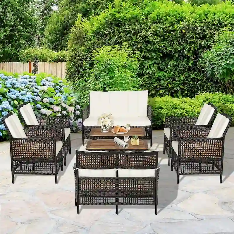 Costway 8PCS Patio Rattan Furniture Set Cushioned Chairs Wood Table - See Details