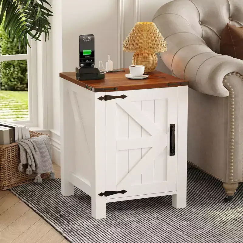 Modern Farmhouse Nightstand with Charging Station & Sliding Barn Door, 18 Rustic Two-Tier Bedside Table for Bedroom Storage