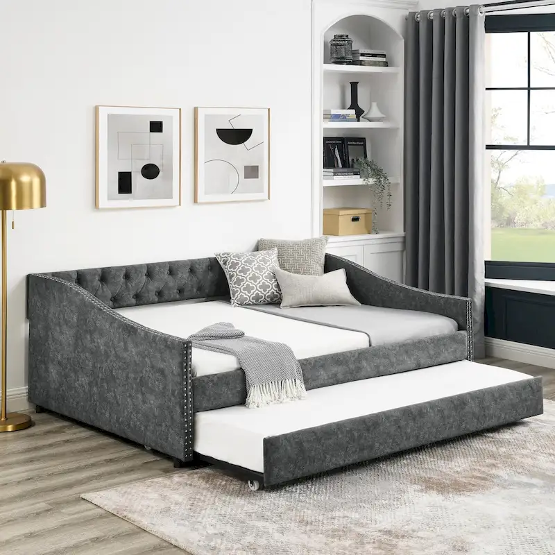Full Size Daybed with Twin Size Trundle Upholstered Tufted Sofa Bed, with Button on Back and Copper Nail on Waved Shape Arms