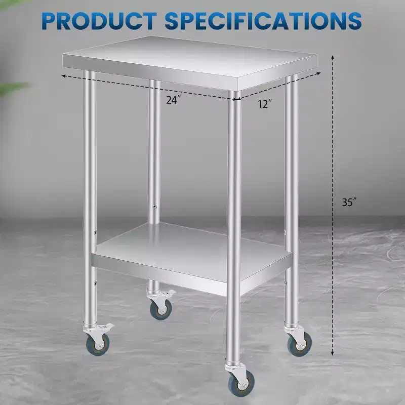 Acekool 12x24x35 Inch 201 Stainless Steel Double Layer Prep Table, NSF Utility Workbench with Adjustable Undershelf for Kitchen, Restaurant, Lab