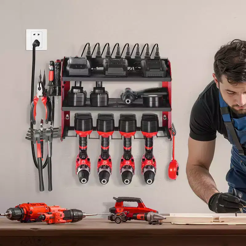 VEVOR Power Tool Organizer with Charging Station, 3-Layer Drill Storage Rack with 4 Drill Holders & Side Pegboard, Red+Black