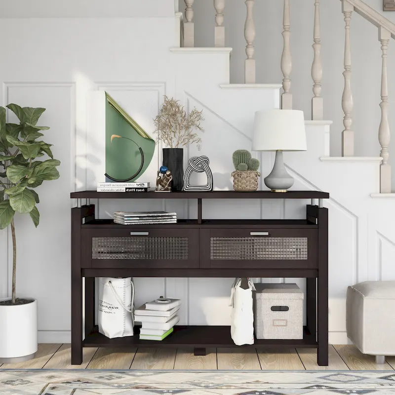 Espresso Modern Console Sofa Table with Flip-Down Cabinets and Open Shelves