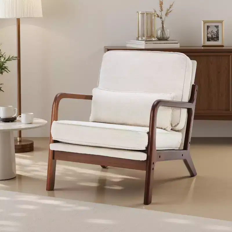 Zeus & Ruta Mid-Century Modern Accent Chair with Arms & Waist Cushion, Solid Wood Frame