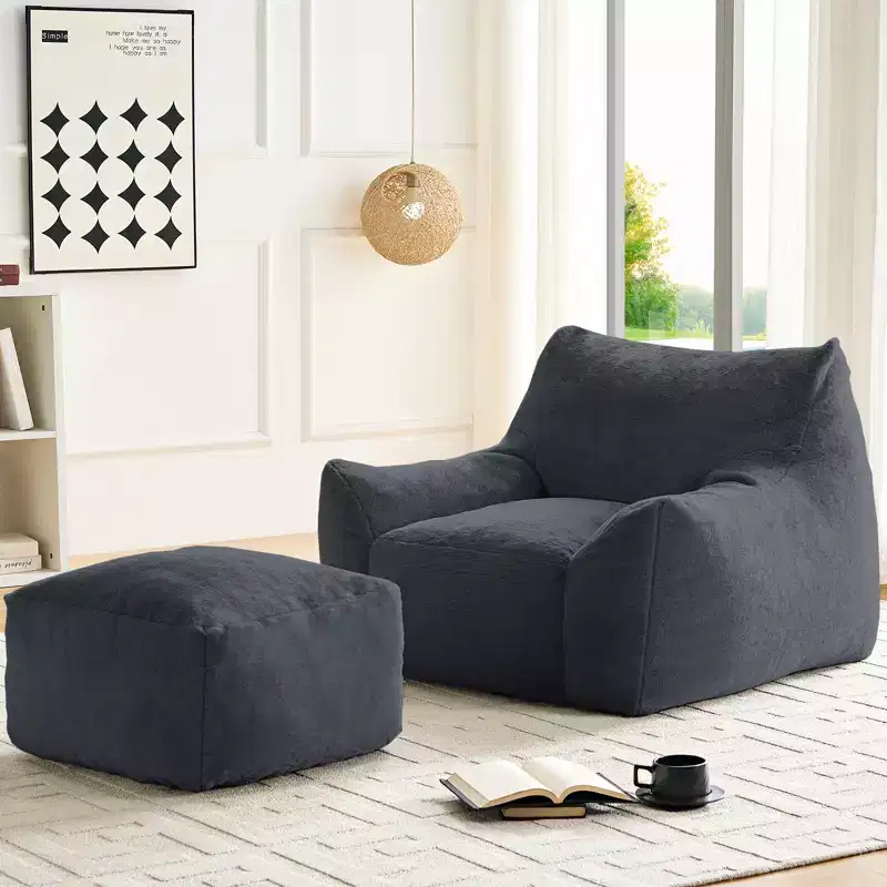 Mjkone Modern Bean Bag Chair, Faux Rabbit Fur Fabric Big Beanbag Chair with Ottoman