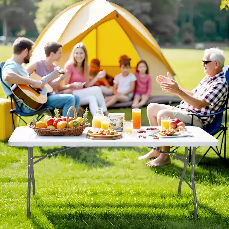 Folding Table 5 Foot Portable HDPE Plastic Indoor Outdoor Rectangular Table with Steel Legs White
