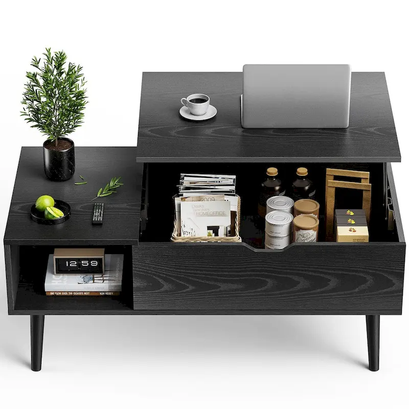 Lift-Top Coffee Table with Hidden Storage Compartment & Side Shelf