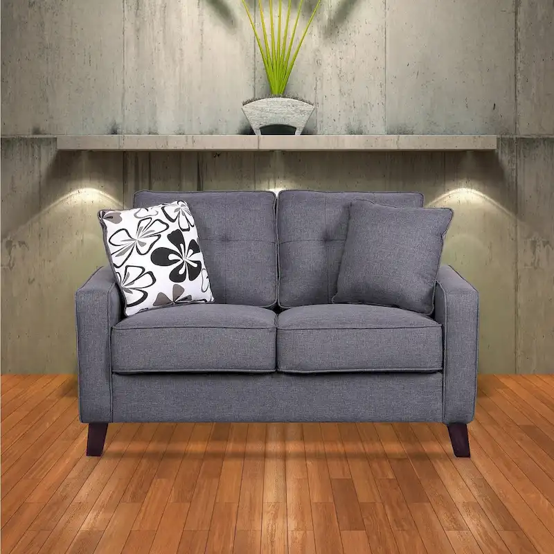 Mid-Century Fabric Loveseat with Button Tufting and 2 Pillows