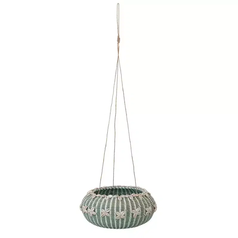 Storied Home Hanging Handwoven Rattan Planter with Shells and Jute Hanger, Aqua