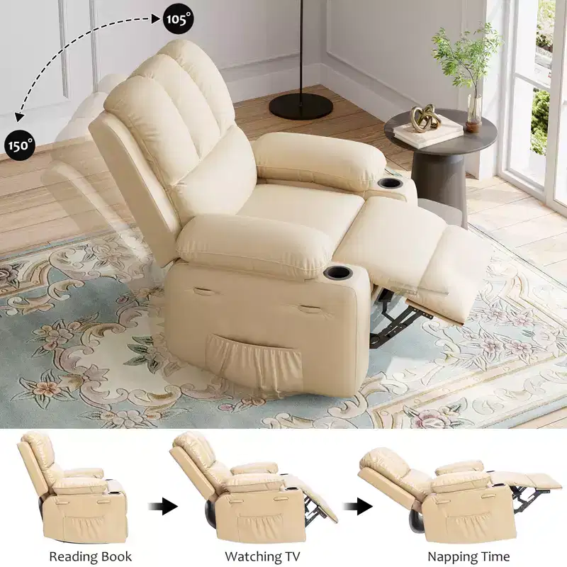 COZONY Recliner Chair with 360 Swivel Rocker, PU Leather Lazy Chair with Cup Holders for Living Room