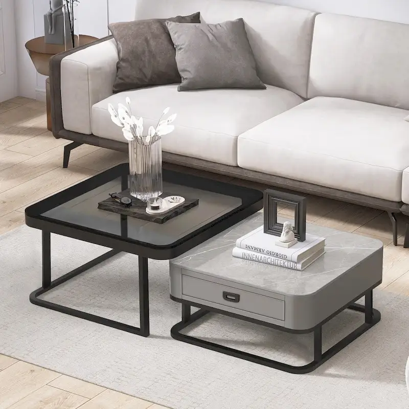 Modern Glass Waterproof Square Nesting Coffee Table with Drawer