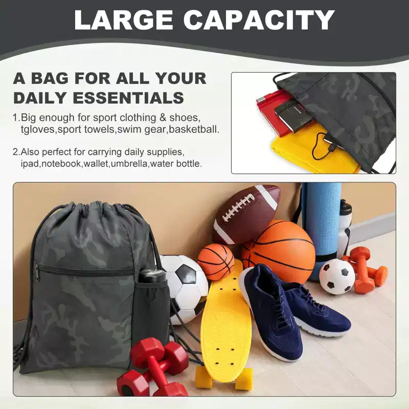 Narwey Men & Women Outdoor Sport Gym Sack Waterproof Drawstring Backpack Bag -Black Camo