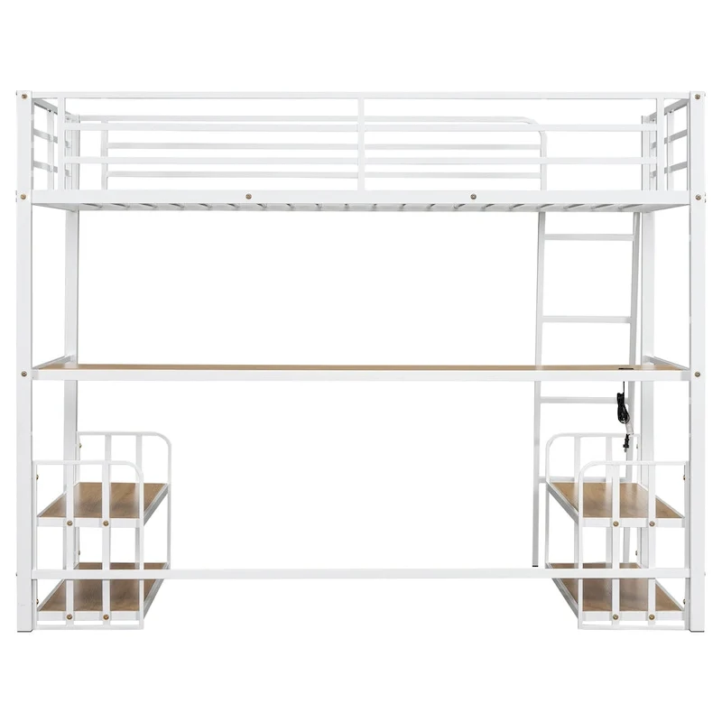 Twin Size Metal Loft Bed with Desk, Storage Shelves and Charging Station