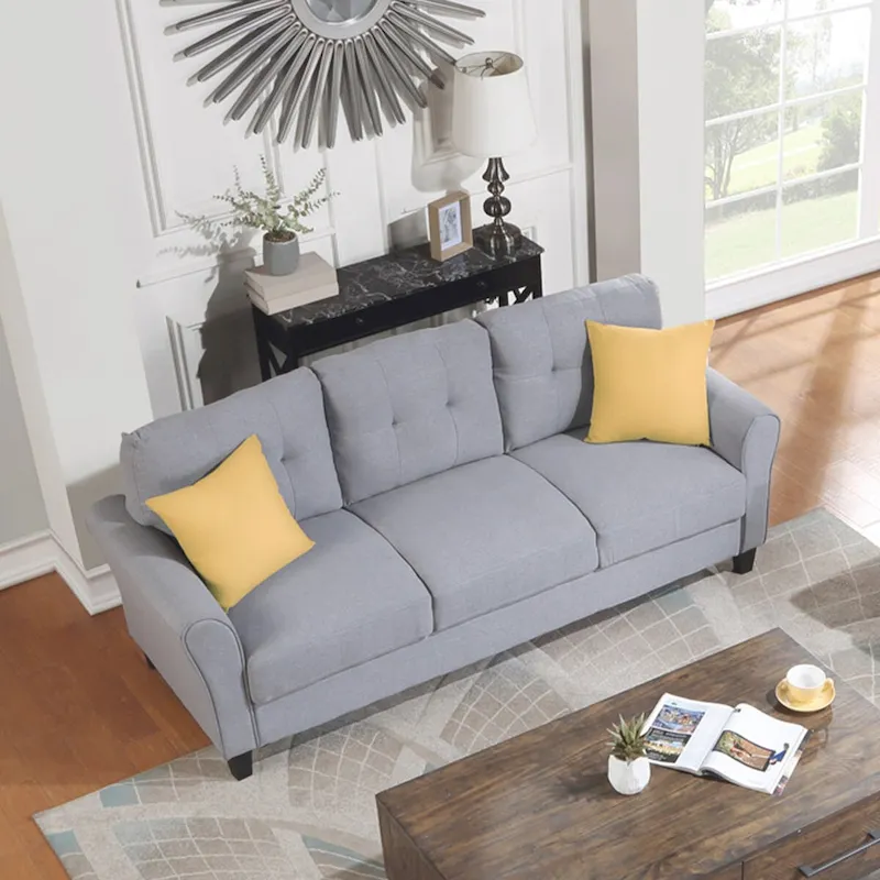 Light Grey-Blue Linen Upholstered Modern 3-Seat Sofa, Comfortable Cushion