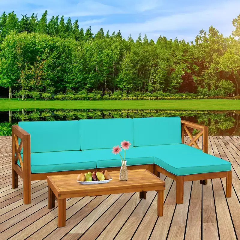 FDW 5 Piece Patio Sofa Set Acacia Wood Outdoor Conversation Table Chair Set with Cushions