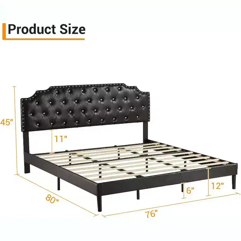 King Platform Bed Frame, Black Upholstered, Button Tufted Headboard, 6in Underbed Storage, Wooden Slats, No Box Spring, Easy Assembly