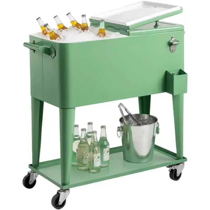 NAYSAYE 80 Quart Rolling Ice Chest Portable Bar Drink Cooler with Catch Basin, Bottom Storage Tray for Patio Party BBQ Beach, Green, 34.3*15.2*35.8