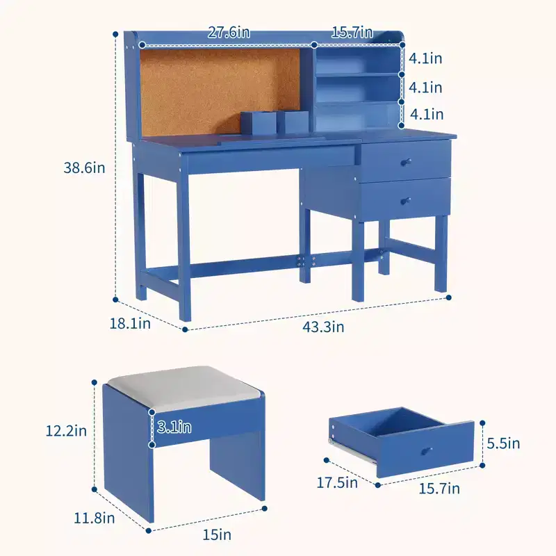 COZONY Kids Desk and Chair Set Wooden Study Table with Adjustable Tilt Desktop Storage Drawers and Cork Board for Children Learning