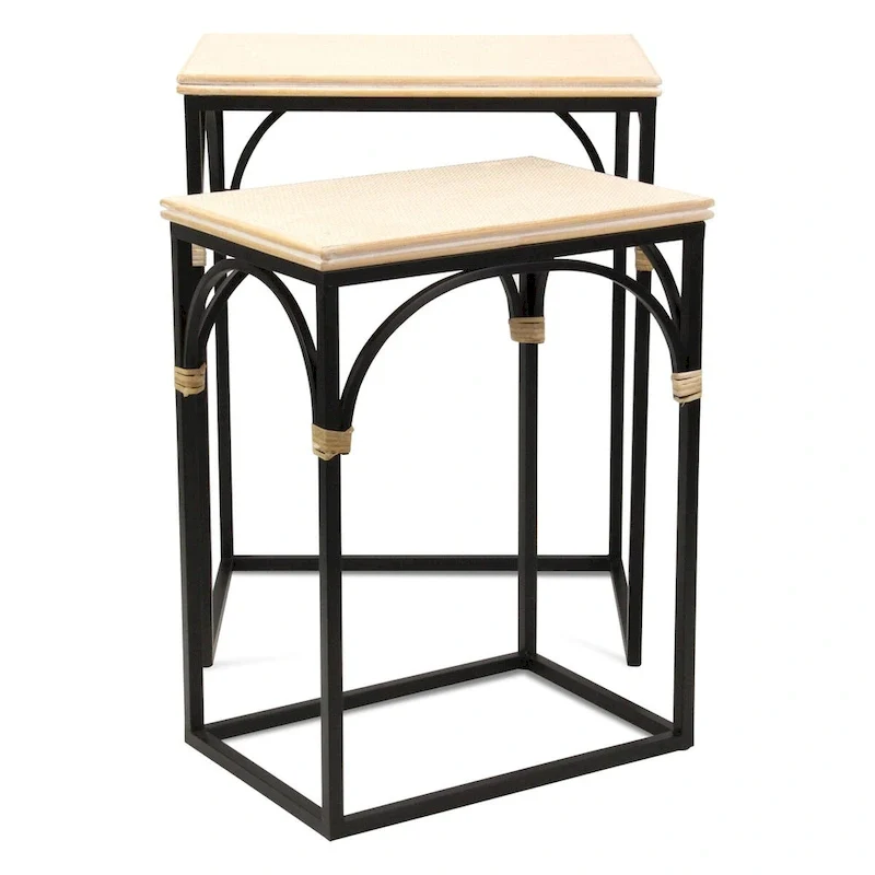 Claudette Set of 2 Rattan Accented Wood & Metal Rectangle Side Tables