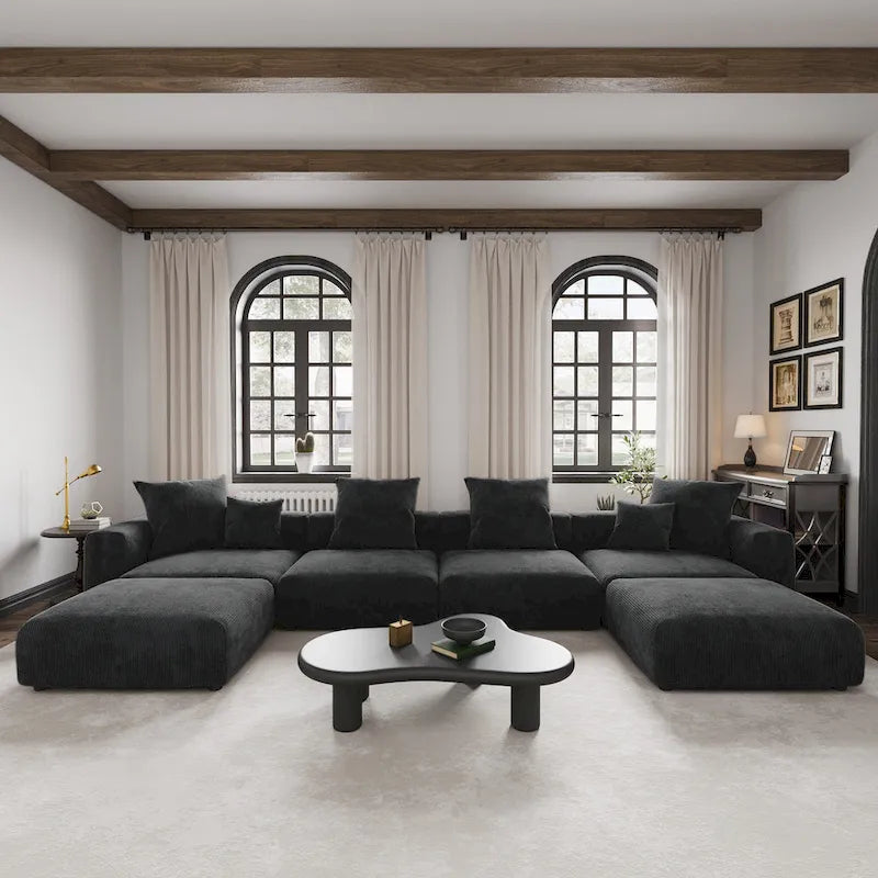 Large Modular Sectional Sofa Corduroy Upholstery U-Shaped 4 Seater with 2 Ottoman and 5 Pillows