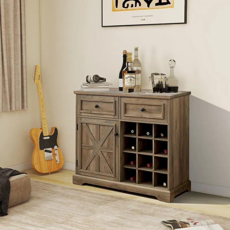 Barn Door Buffet Bar Cabinet With Drawers And Storage Shelves