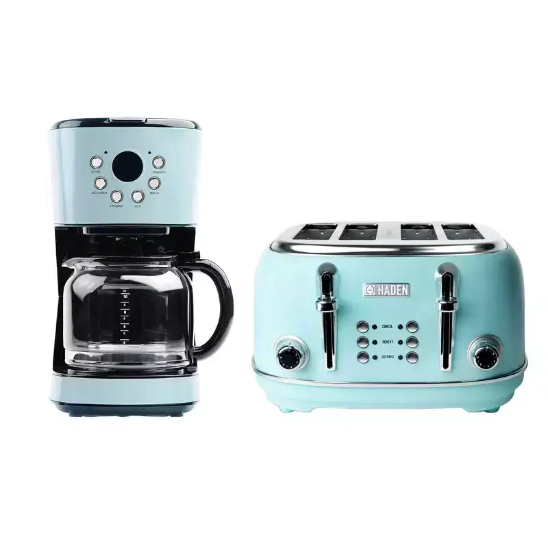 Haden 12 Cup Programmable Drip Coffee Maker Coffee Machine Bundled with Heritage 4 Slice Wide Slot Stainless Steel Toaster, Turquoise & Chrome