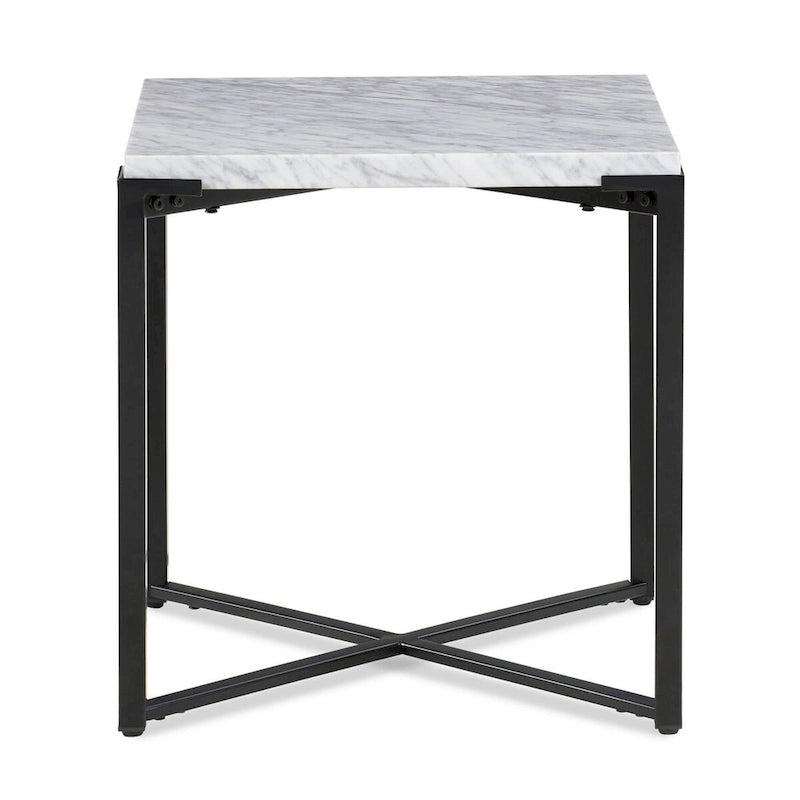 20 Inch Modern Side End Table, Carrara Marble Top, Steel Frame, Smooth Gray