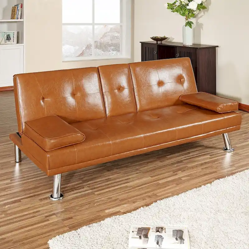 Futon Sofa Bed Couch with Armrest & Cupholders, Faux Leather Sofa Bed Couch Convertible Folding Reclining Small Couch