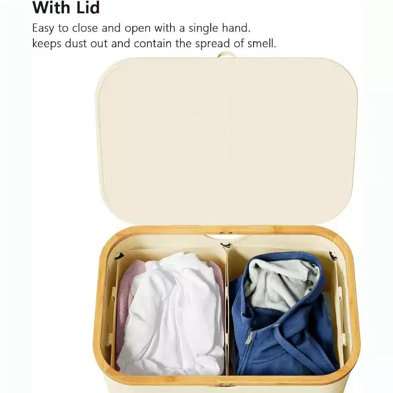 Laundry Hamper 2-compartment with 2 Removable Bags, 160L Collapsible Basket with Lid and Bamboo Handles  SpaceAid