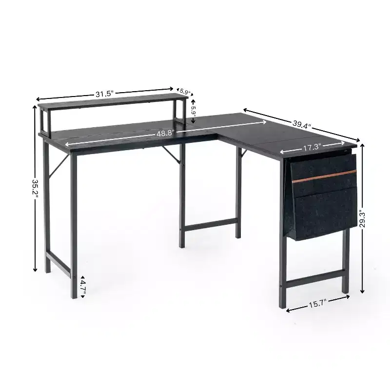 FurnitureR L Shaped Computer Desk Reversible with LED Lights, 48.8 Writing Gaming Table with Shelf, Home Office Desk Corner Desk with Storage Bag