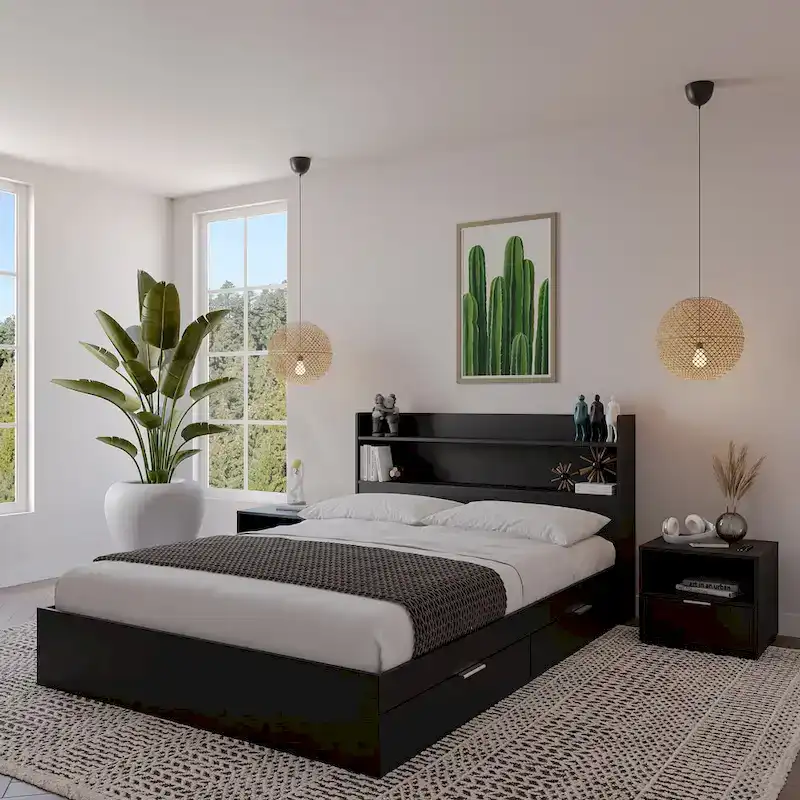 Black Wood Platform Bed with Bookcase Headboard and Storage Drawers
