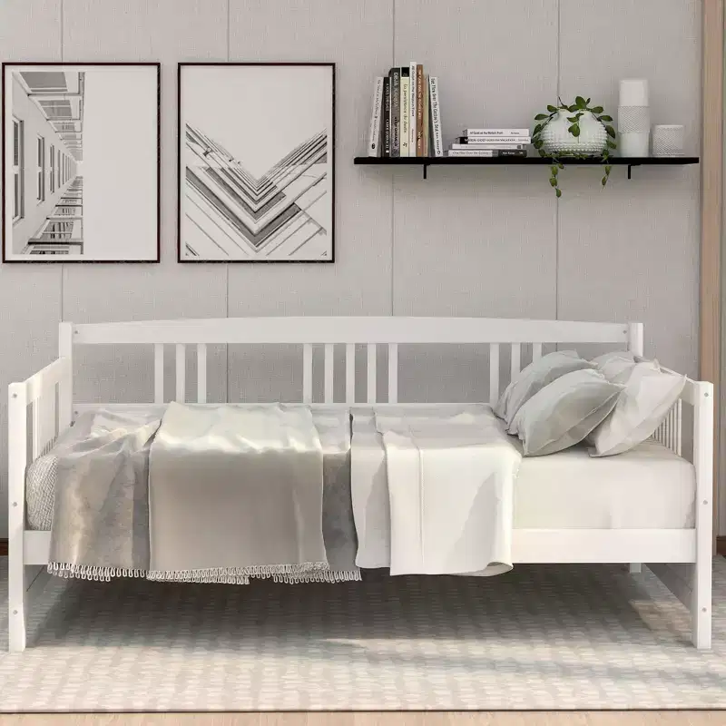 Modern Twin Size Solid Wood Daybed Frame with 3-Side Rails, 300 lb Capacity
