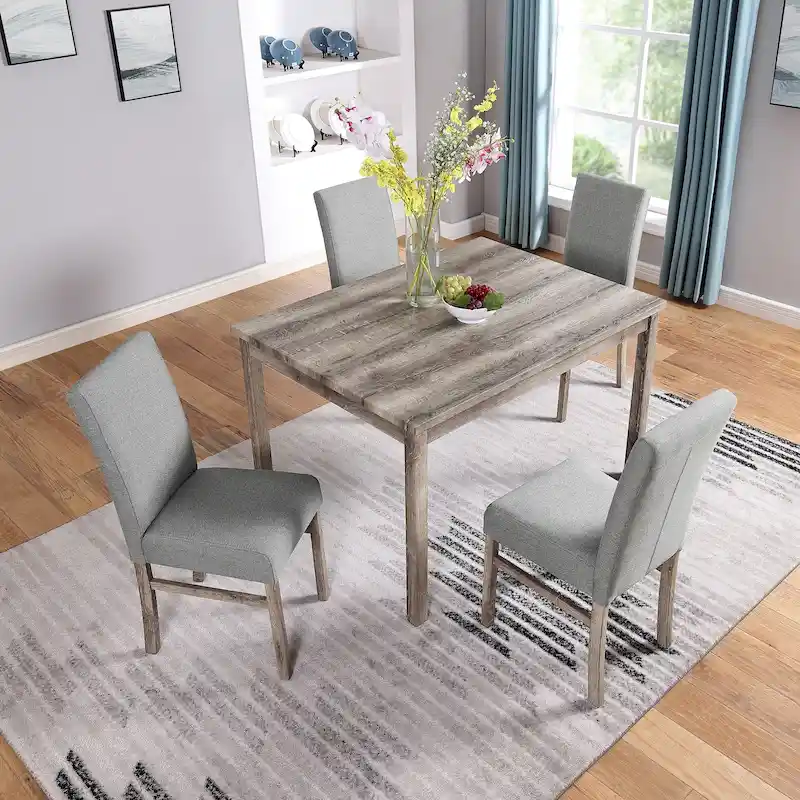 Rustic Style 5-Piece Dining Set with Rectangular Small Space Table and 4 Upholstered Dining Chairs