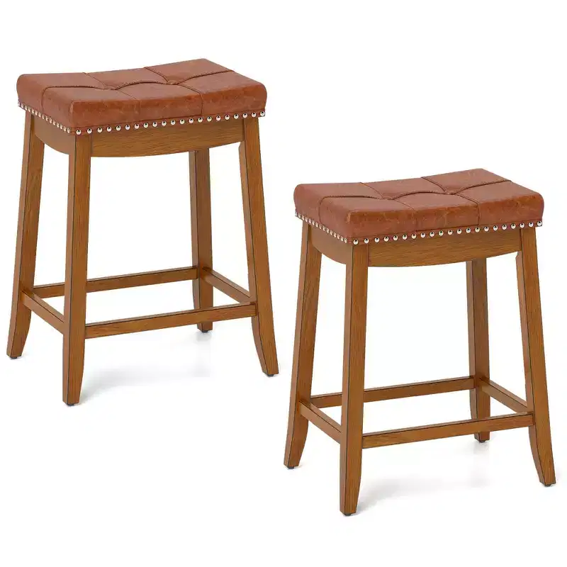 Costway Saddle Bar Stools Set of 2/4 with PU Leather Seat Solid Rubber Wood Frame Footrest
