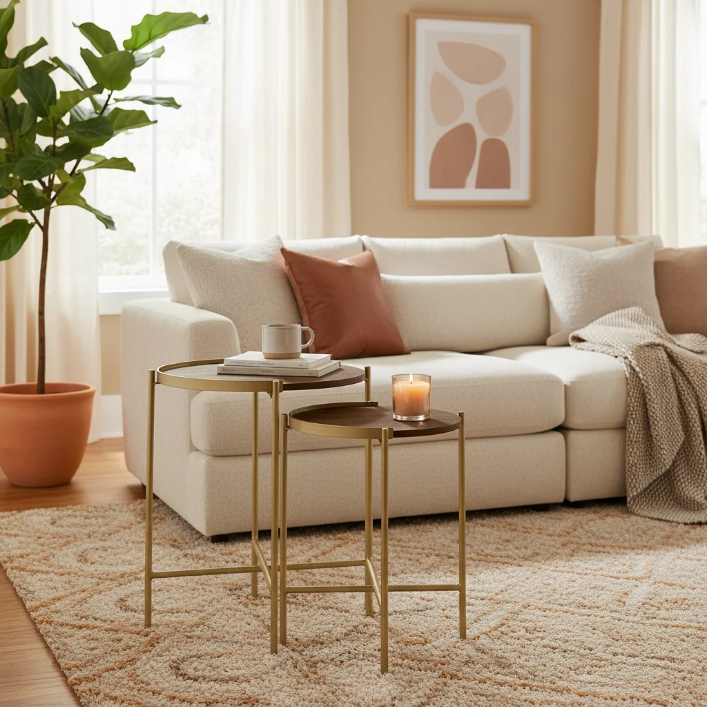 2 Piece Round Nesting Tables, Gold Iron, Modern Mango Wood, Warm Brown