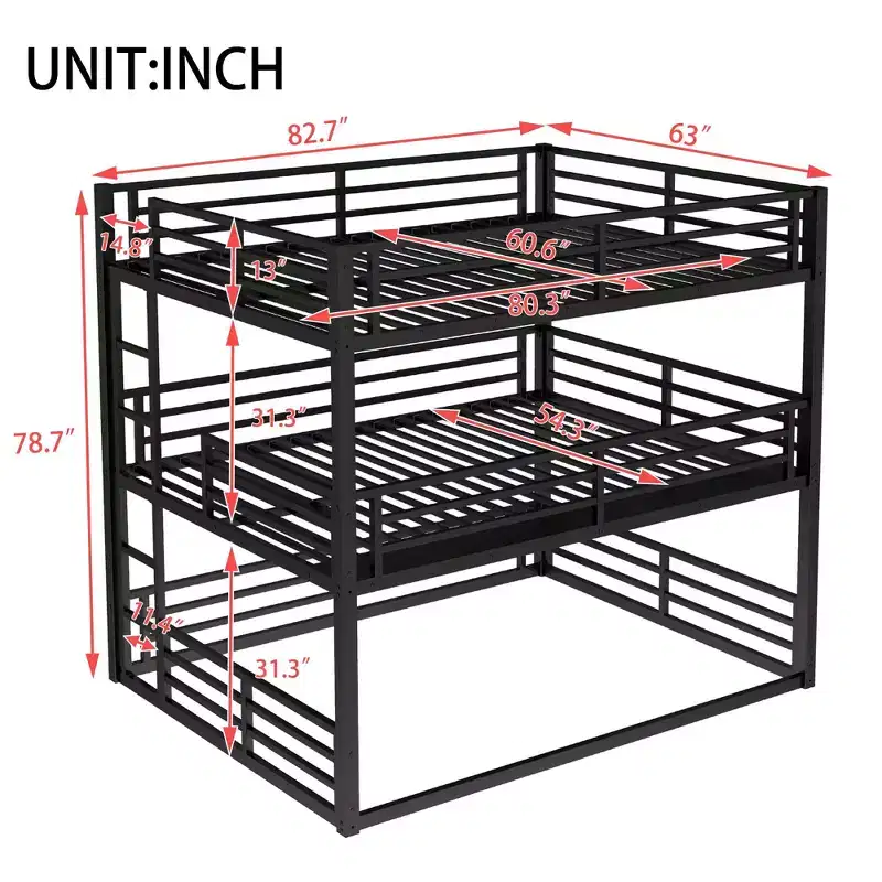 Queen over Full XL over Queen Bunk Bed Metal Triple Bunk Bed with Safety Guardrails Heavy-duty Bunk Bed with Noise-reduced Design Black