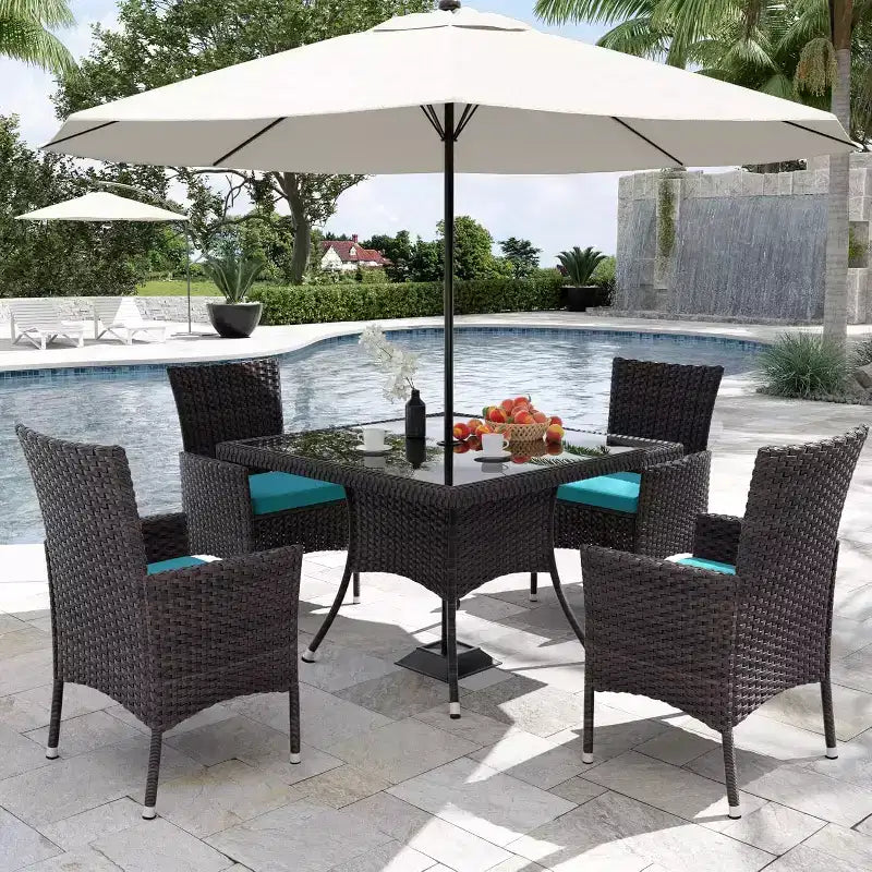 ALAULM Patio Furniture Outdoor Dining Set, Wicker Rattan Patio Dining Table and Chairs Set, Square Tempered Glass Tabletop with Umbrella Set