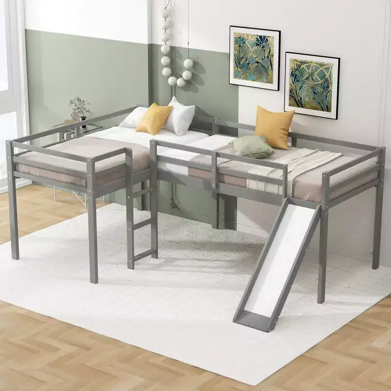 Whisen 118.2Lx77.8W Wood L-Shaped Twin Size Loft Bed with Ladder and Slide, Space-Saving Design