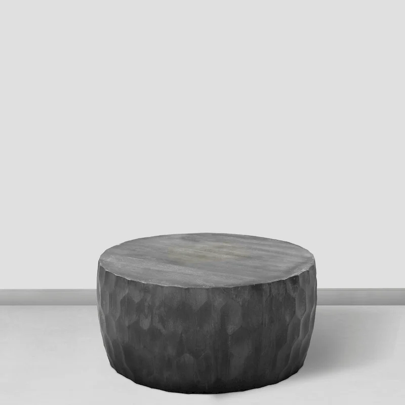 33 Inch Wooden Round Drum Coffee Table with Geometric Carved Pattern, Gray