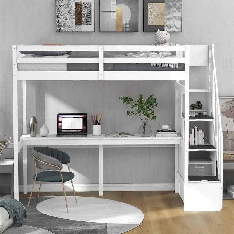 Twin Size Loft Bed with Staircase and Built-in Desk