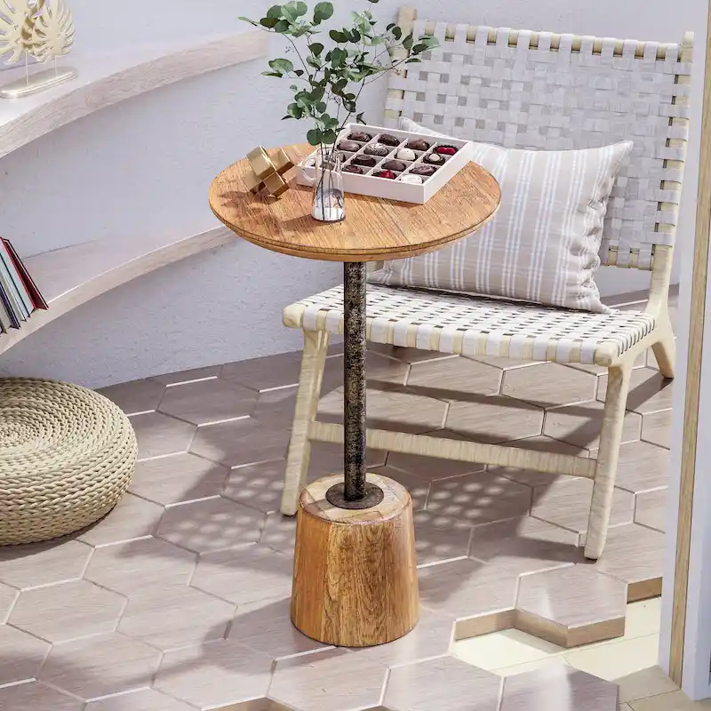 Farmhouse Pedestal End Table, Rustic Wood Round Martini Table for Small Spaces