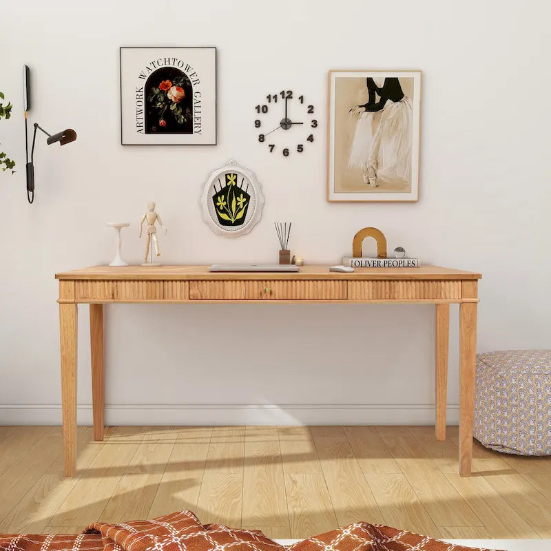 Natural Blonde Fluted Rubberwood Writing Desk with 1 Drawer and Gold Pulls for 1 Person