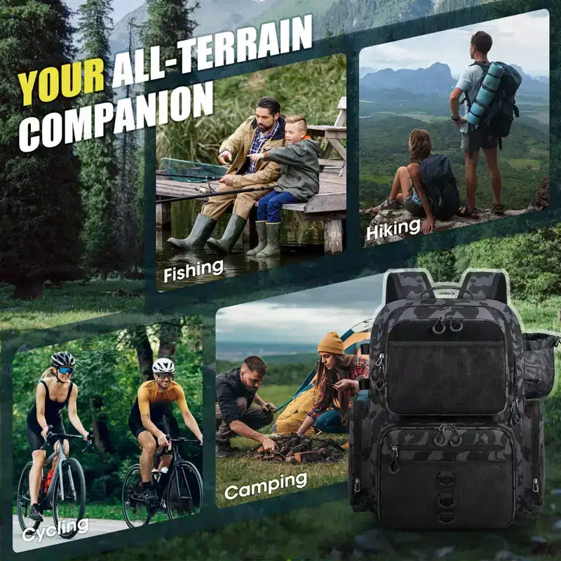 Narwey 45L Fishing Backpack with Rod Holder & Waterproof Rain Cover, 900D Heavy-Duty Adjustable Compartments Fishing Tackle Bag Storage Fishing Gear