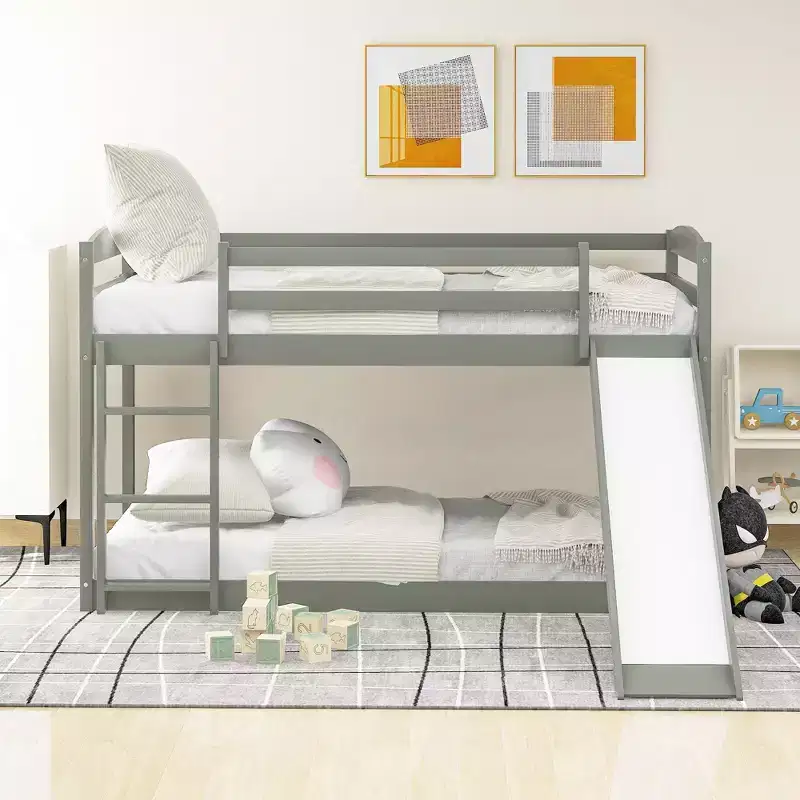 Twin-Over-Twin Kids Bunk Bed with Slide, Ladder & Safety Guardrail – Pine/MDF, 79.3D x 84.4W x 46.5H, Gray