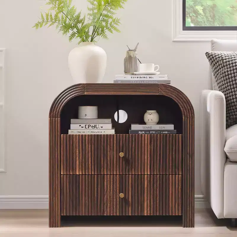 Modern 24 Fluted End Table , Charging Station Nightstand with 2 Drawers and Rounded Corners, Versatile Storage Side Table for Bedroom & Living Room
