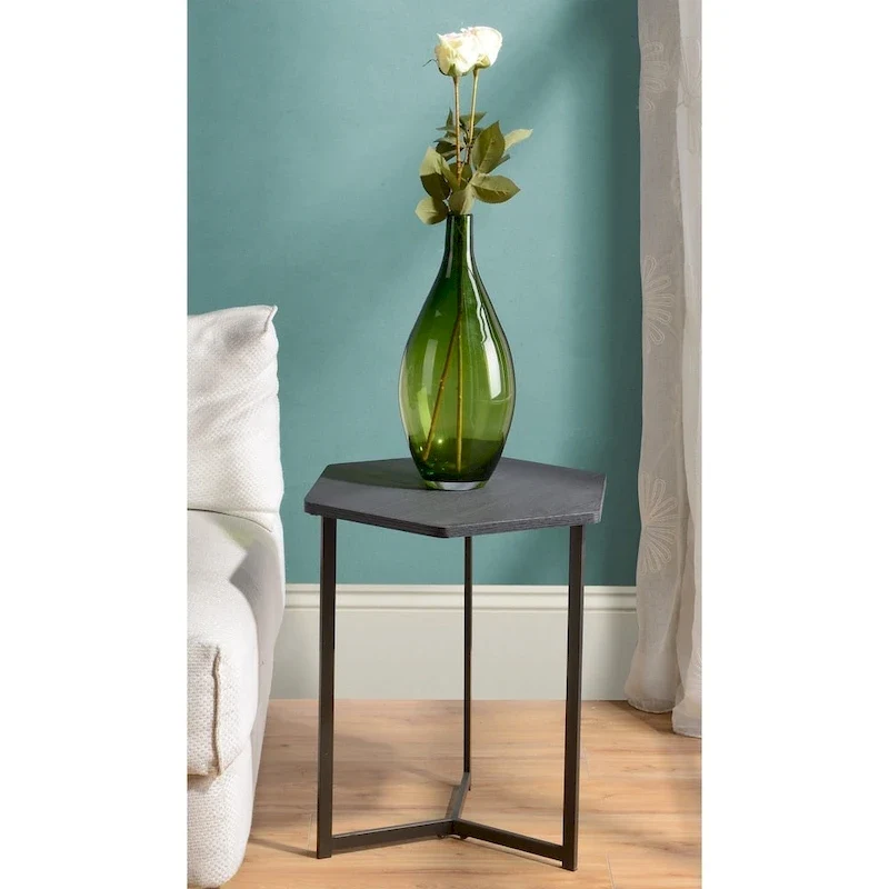 Dark Wood Finish Top Hexigon Side Table with Metal Base